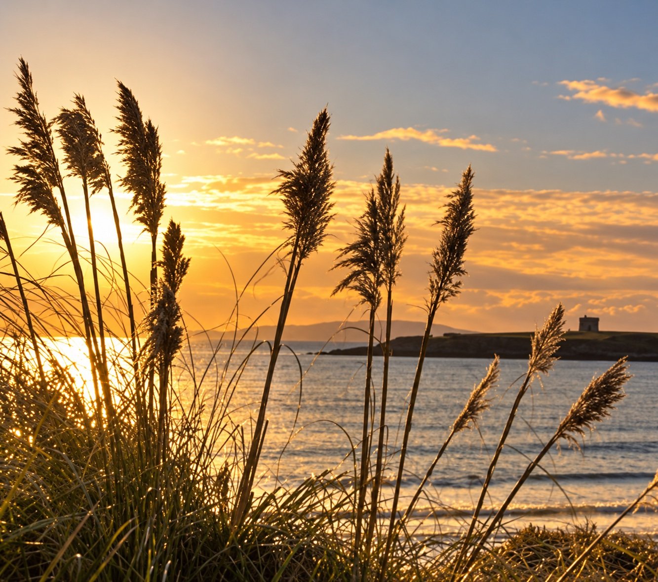Sunlit grasses beside the Skerries coastline